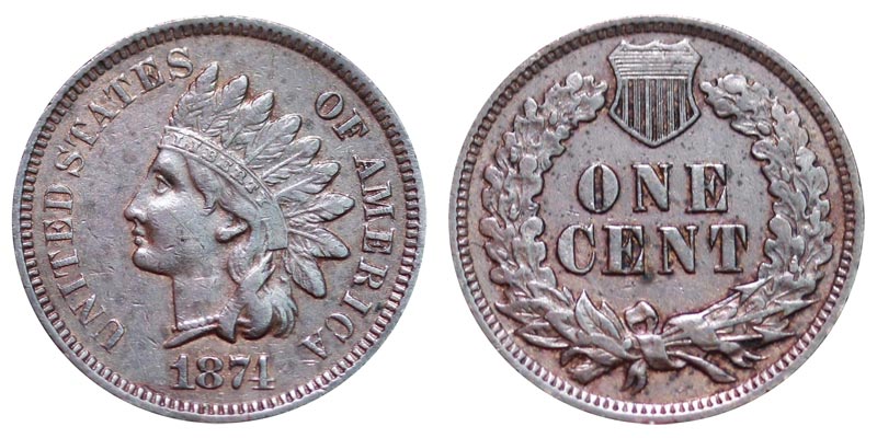 1874 Indian Head Penny obverse and reverse showing Miss Liberty portrait in feathered headdress and ONE CENT reverse wreath
