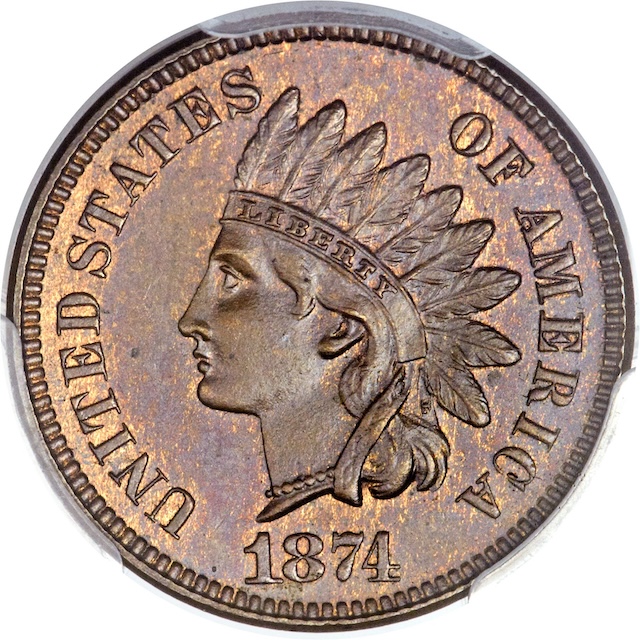 Side-by-side comparison of 1874 Indian Head Penny regular LIBERTY headband versus DDO-001 doubled die showing clockwise spread on letters