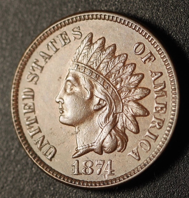 1874 Indian Head Penny RPD-002 Snow-3 repunched date showing secondary digit impressions under magnification