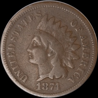 1874 Indian Head Penny die cud variety showing raised metal blob at rim area where die piece broke away