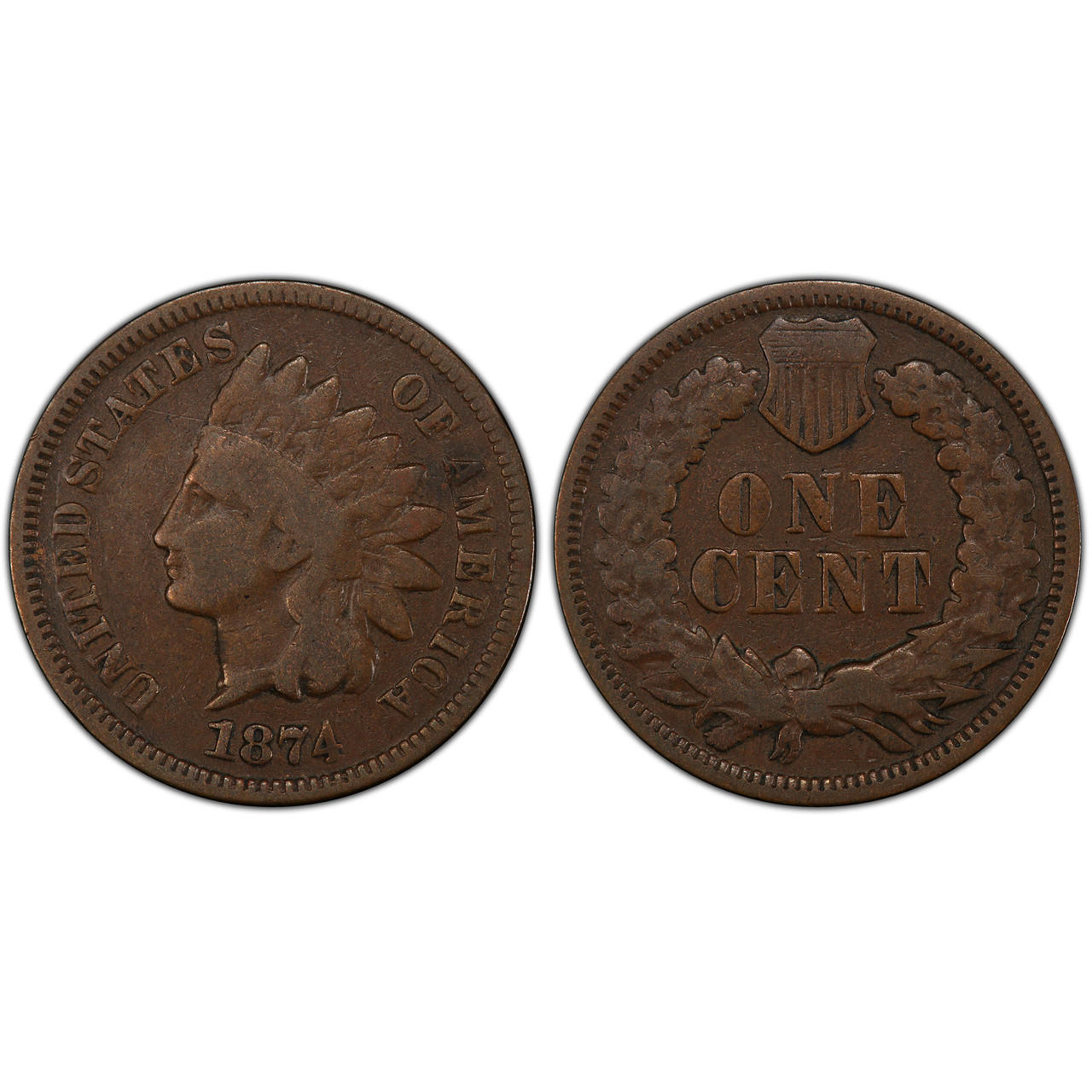 Group of 1874 Indian Head Pennies showing varying grades from well-worn Good condition to near-uncirculated