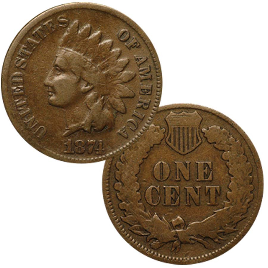 1874 Indian Head Penny grading strip showing four examples from Good condition through Uncirculated mint state side by side